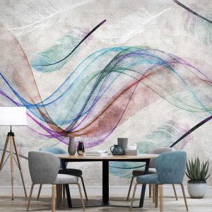 Papier peint Plumes colorées sur une surface blanche