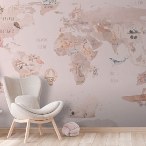 Papier peint Carte du monde avec animaux et oiseaux