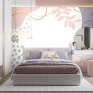 Papier peint Fond blanc avec des formes et des feuilles roses, bleues et violettes