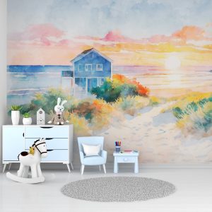 Papier peint Aquarelle d’une maison et d’une plage