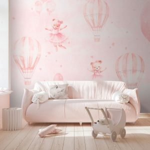 Papier peint Fond rose avec des ours en peluche et des montgolfières