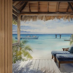 Papier peint Aquarelle d’une plage avec des chaises et un bateau