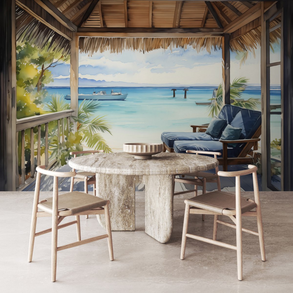 Papier peint Aquarelle d’une plage avec des chaises et un bateau – Image 4