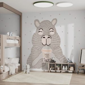 Papier peint Caricature d’un ours tenant un thé à bulles