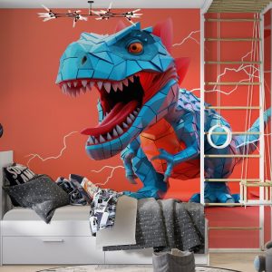 Papier peint Dinosaure bleu avec des éclairs qui en sortent