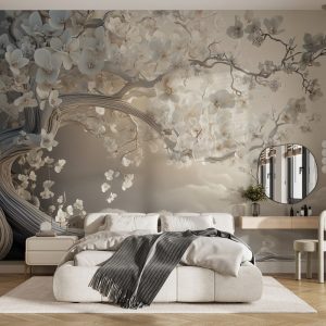 Papier peint Arbre blanc avec des fleurs blanches