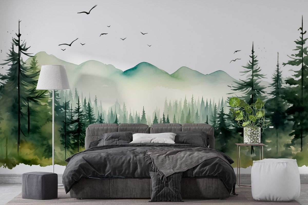 Papier peint Aquarelle d’une forêt et de montagnes – Image 4