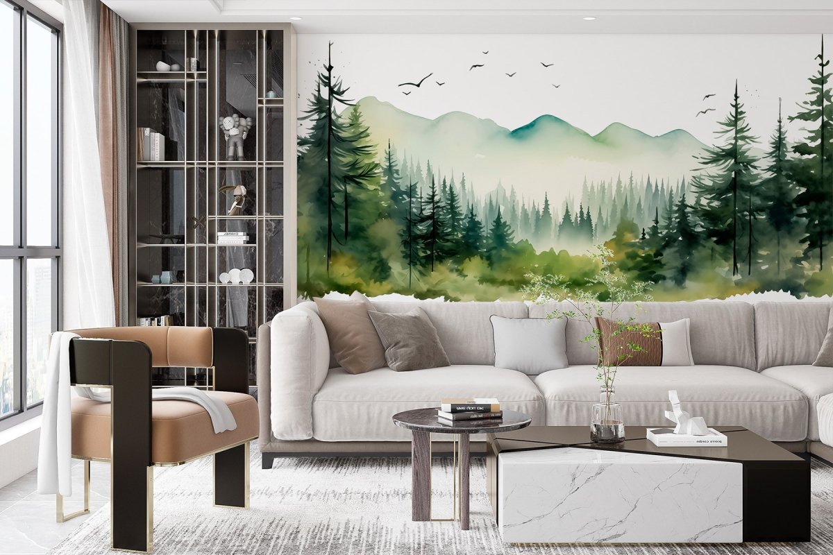 Papier peint Aquarelle d’une forêt et de montagnes – Image 6