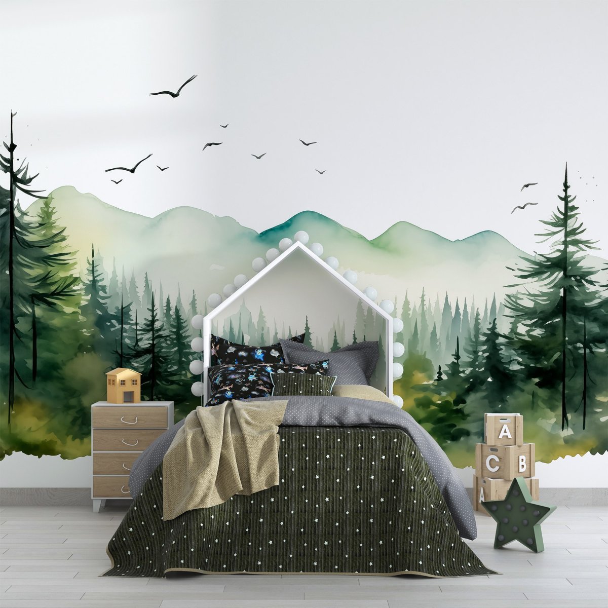 Papier peint Aquarelle d’une forêt et de montagnes – Image 7