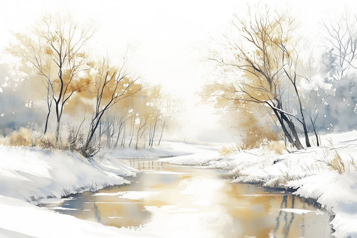 Papier peint Rivière avec neige et arbres – Image 9