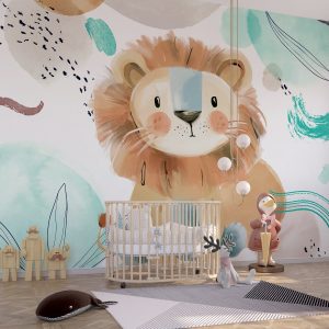 Papier peint Lion de dessin animé avec des taches bleues et blanches